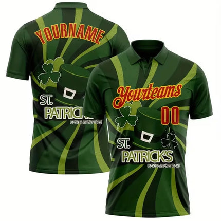 Customizable Name And Number Men'S St. Patrick'S Day Polo Shirt Green Clover Print Casual Short Sleeve Button Up Polo Shirts