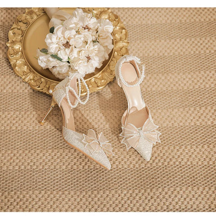 Spring Pointed Toe Party Wedding Shoes for Women, Bride Bow Thick Heel Silver Sequin Fairy Lolita Style Single Shoes