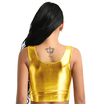 Womens Fashion Shiny Metallic Tank Crop Top Shiny Metallic Vest Tops Bustier Blouse Shirt Camis Rave Party Clubwear Costume