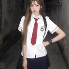 L / Xiaolai's matching shirt + tie + cyan pleated skirt [set]