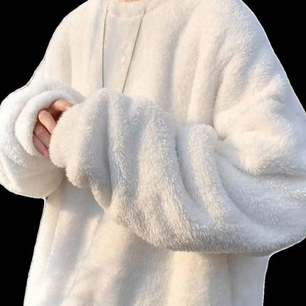 Warm Fleece Lined Hoodie Winter Clothes Lazy Style Lamb Fur Men's Loose Casual Youth Popular round Neck  Color Sweatshirt
