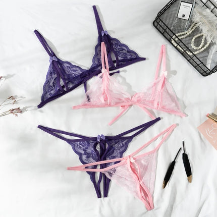 2Pcs/Set Women's Sexy Lace Transparent Lingerie Set Bikini Low-Waisted Thong Pants Dating Pajama Set