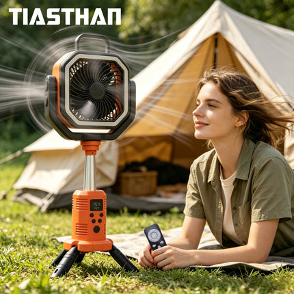30000mAh Portable Camping Fan Light 4-Gear Wind Speed Outdoor Tripod Stand, with 3 Brightness LED Lights USB Charging Desk Fan