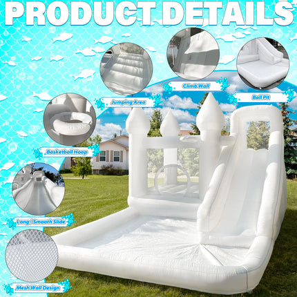 14FT  Spire‑Top Inflatable White bounce house with Slide, Large Ball Pit and Middle Play Zone, Durable and Portable for party