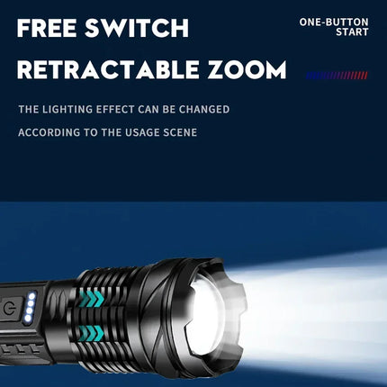 Powerful LED Flashlight Type C Rechargeable Waterproof Torch with Side Light 7 Modes Zoomable Lamp for Camping Fishing Lantern