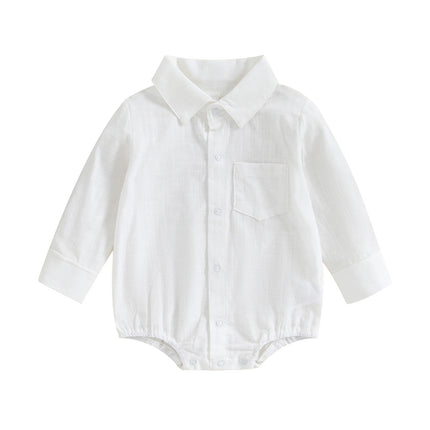 Pudcoco Infant Baby Boy Gentleman Romper Solid Color Long-Sleeved Lapel Front Button Jumpsuit with Pocket Toddler Clothes 0-24M