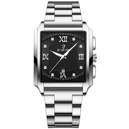BINBOND Luxury Quartz Watch for Men Golden Square Large Dial 30M Waterproof Leather Strap Wrist Watches Date Display Men's Watch