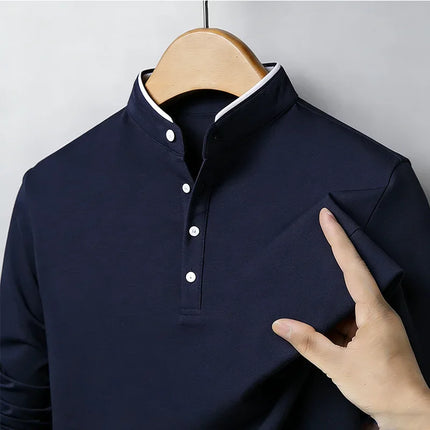 Fashion Men's Contrast Trim Mandarin Collar Polo Shirt Long Sleeve Breathable Casual Daily Wear Top