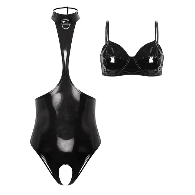 Women's Glossy Halter Cutout Crotchless Bodysuit and Bra Lingerie Set Open Chest Teddies Wet Look Faux Leather Rave Clubwear