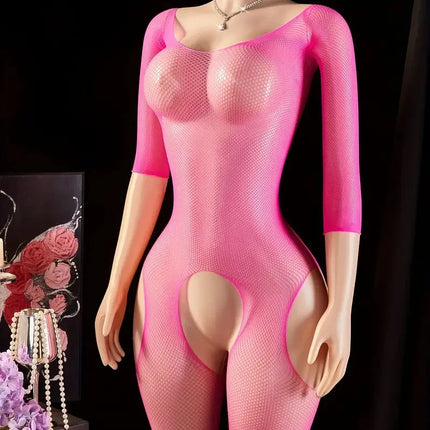 One Piece Crotchless Babydolls For Sexy Lingerie Women Long Sleeve Bodystocking Mesh Hollow Babydoll Dress Rose Erotic Underwear