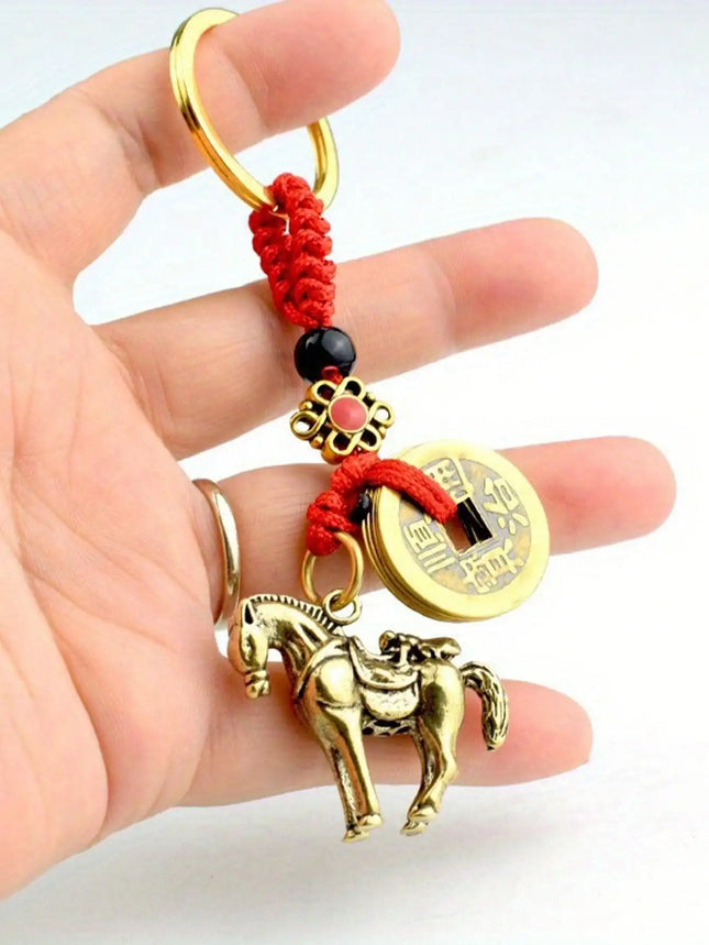 Vintage Chinese Lucky Charm Keychain - Horse & Coin Design With Red & Golden Braided Cord- Zinc Alloy & Copper Alloy,Ideal For Car Keys & Bags, Chinese New Year Fortune Keychain With Horse & Coin Design
