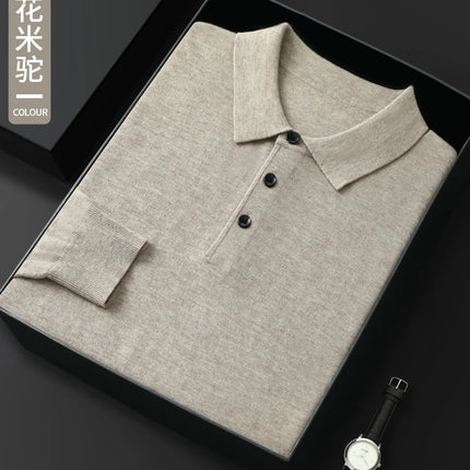High quality worsted  spun collar wool sweater men's spring and autumn business polo sweater thin long sleeved knitted T-shirt