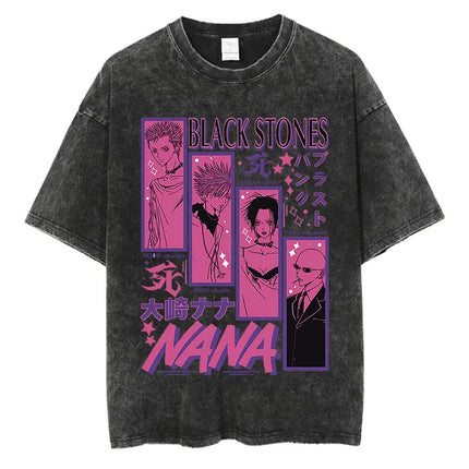 Japanese Anime Nana Osaki Print Vintage Washed T-shirt Harajuku Streetwear Graphic T-Shirt Summer Short Sleeve Cotton T-shirt