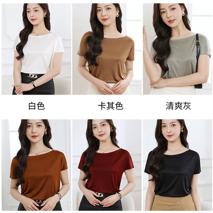 Summer women's short sleeved acetate fabric high-end knitted women's T-shirt thin European style hot selling women's T-shirt