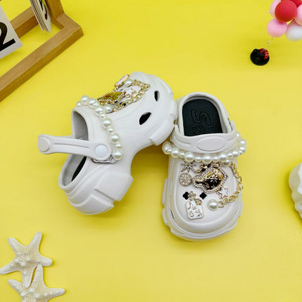 New Fashionable and Versatile Clogs Soft-Soled Non-Slip Toe-Cap Sandals Cartoon Pearl Chain Crown Bear Boys and Girls Family Slippers 606