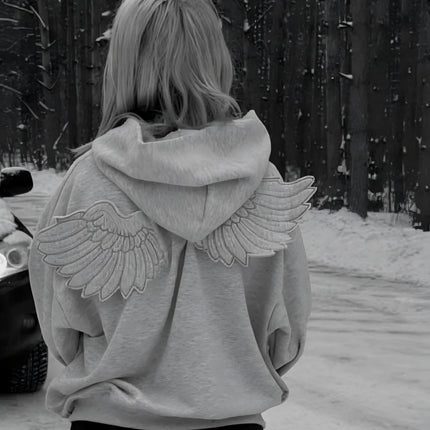 Y2K Angel Wings Hooded Sweatshirt, New 2026 Release Solid Color Zipper Street Cute Personalized Top Role-Playing Outfit