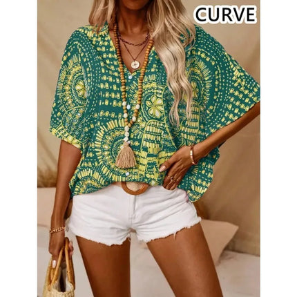 Plus Size 1XL-5XL Women's Fashion Print V-Neck Batwing Sleeve Blouse Top Ladies Casual Short Sleeve Summer Shirt Tops