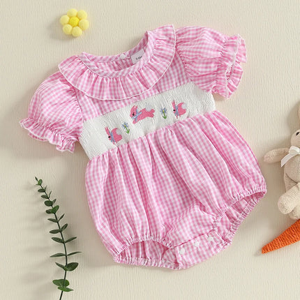 Citgeett Summer Infant Baby Girl Sweet Plaid Bodysuit Short Puff Sleeve Collar Bunny Embroidery Jumpsuit Clothes
