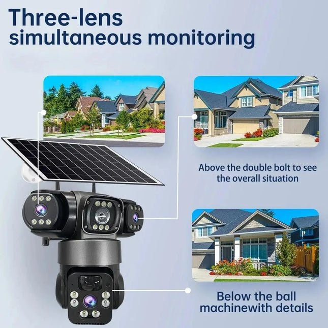 15MP IP Wi-Fi Camera Wireless Solar Camera PTZ 3 Lens Outdoor Waterproof 10X Zoom Night Vision PIR Human Detect Security Camera