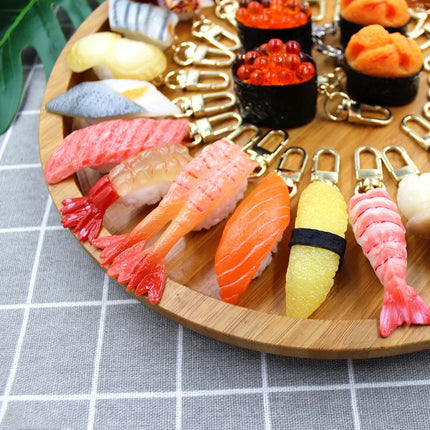 Simulated Food Pendant PVC Japanese Salmon Sushi Model Keychains Car Key Chain Phone Pendant Keyrings Creative Decoration Gift