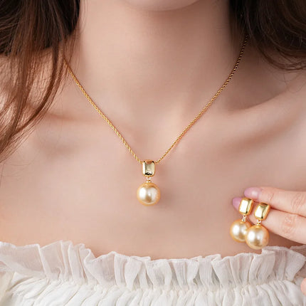 DREJEW Yellow Pendant Pearl Necklace Earring Set for Women Light Luxury High-end French Retro Wedding Jewelry Sets Party Gift