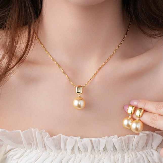 DREJEW Yellow Pendant Pearl Necklace Earring Set for Women Light Luxury High-end French Retro Wedding Jewelry Sets Party Gift