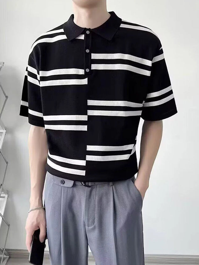 Summer Men's American Vintage Striped Patchwork Polo T-shirts Korean Fashion Streetwear Short Sleeve Polos Homme Casual Y2K Tops