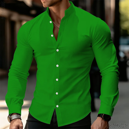 21 New Colors Men's Solid Color Long-Sleeved Stand Collar Shirt, Comfortable, Casual, Business, High-Quality, Elegant Men's Top