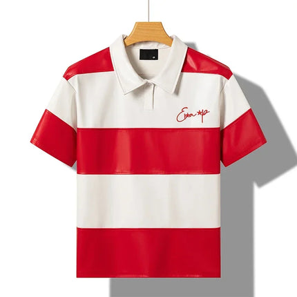 Splice Color Stripe Pu Leather Lapel Collar T Shirt Black Purple Red Polo Shirt Men Women High Quality Casual Short Sleeve Tops