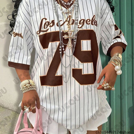 Summer New Los Angeles 79 Print Stripe T-shirt For Women V-Neck Short Sleeve Tees Sports Football Jersey Y2K Loose Oversized Top