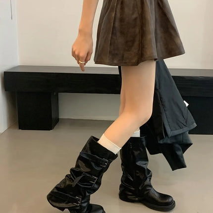 Autumn Winter Vintage Woman Knight Knee High Boots Shoes Ladies Elegant Thick Low Heel Belt Buckle Western Cowboy Botas
