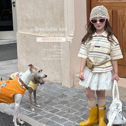 2025 girls' stylish Korean casual T-shirt loose short sleeved color stripe contrasting stripe lapel polo shirt trend