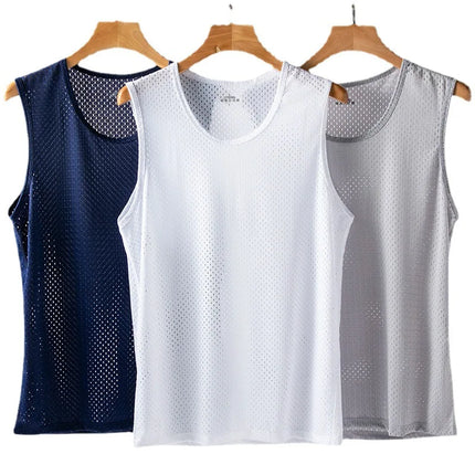 Men's Ice Silk Mesh Tank Tops Man Gym Stringer Transparent Bodybuilding Sleeveless Shirt Fitness Vest Male Muscle Singlets L-5XL