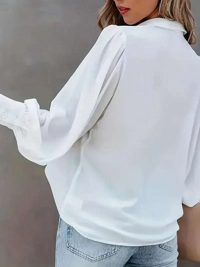 Women Fashion Plus Size 1XL-5XL Basic Blouse Ladoes Solid Button Up Lantern Sleeve Turn Down Collar Blouse Shirt