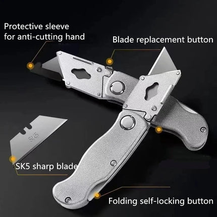 Metal Stainless Steel Folding Box Cutter Knife Self-Locking Design Sharp unboxing knife couteau pliant Art Supplies Stationery
