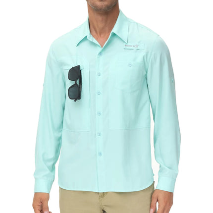 Summer Men's UPF 50+ Casual Long Sleeve Fishing Shirts, Lightweight Tactical Button Down Shirt with Breathable Back Mesh