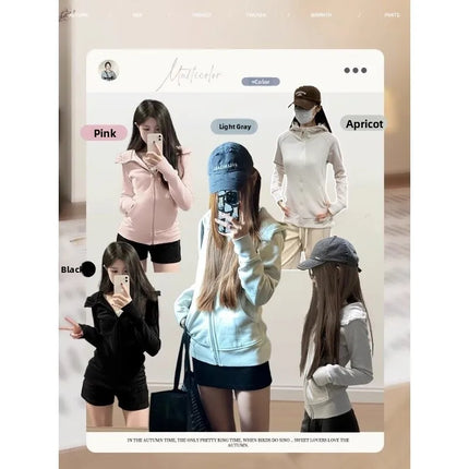 Floral Grey Women's Zipper Hoodie Slim Fit Long Sleeve Casual Spring 2026 Korean Style Comfortable Leisure Fashion