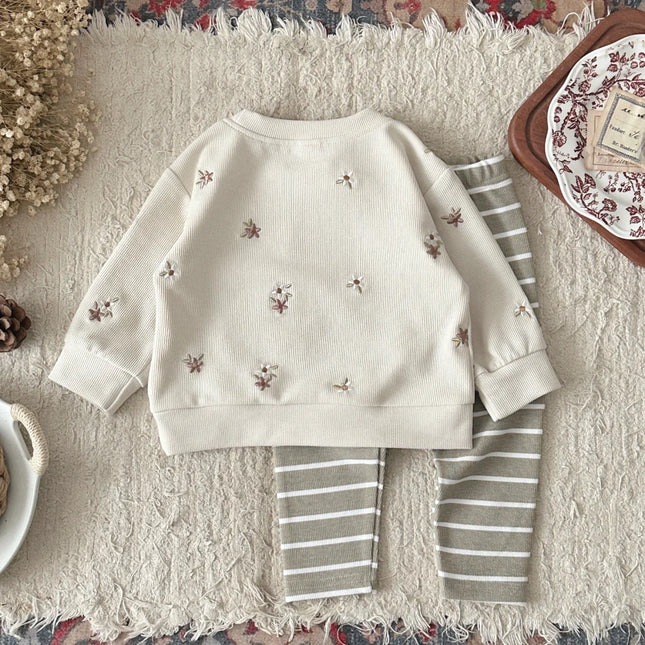 Autumn Toddler Baby Girls Outfit Floral Embroidery Long Sleeve Sweatshirt Elastic Waist Pants Spring Set Clothes Baby Girl