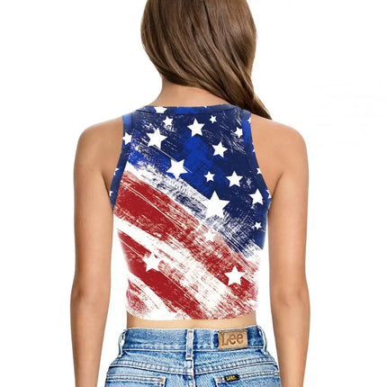 Nadanbao Women's Vest Summer Casual American Flag Tie Dyeing Cropped Tight Sleeveless T-Shirt Streetwear Crop Tops Y2K Tees