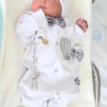 Original UK Prince Take Me Home Outfit Baby Crown Jewels set Baptism Bling Outfit Rubybelleb Light Blue 3pcs Layette Swaddle Set