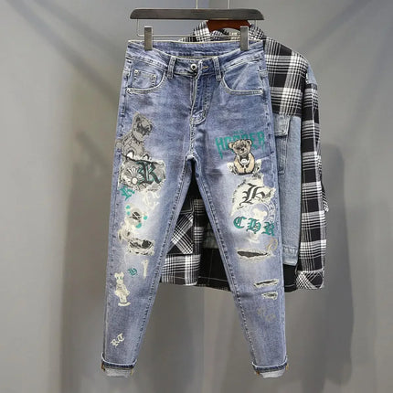 New 2025 Men's Casual Slim Jeans for Spring Autumn with Bear Print Pencil Pants Style Luxury Clothing Cowboy Streetwear Pants