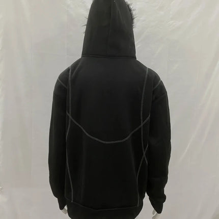 Dark Gothic Solid Color Plush Hat Collar High Street Hip Hop Long Sleeve Hoodies 2000s Autumn Winter Warm Windproof Loose Coat