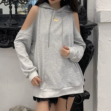 Y2k Womens Moon Print Hoodie Long Sleeve Pullover Off Shoulder Tops Blouse Korean Oversize Sweatshirt Sudadera Свитшот