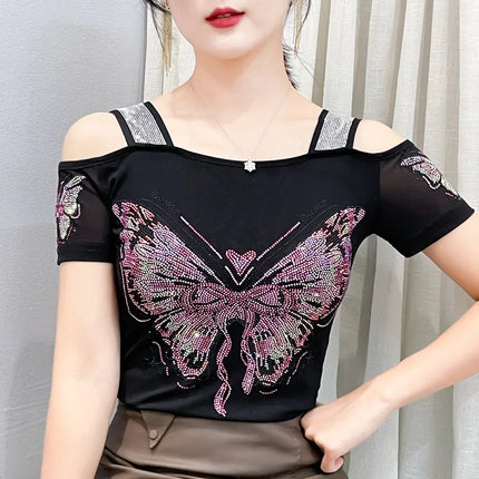 Summer Streetwear Fashion Women's T-shirt Luxury Design Butterfly Hot Diamonds Tee Sexy Off Shoulder Girls Tops European Clothes