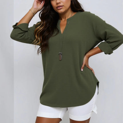 Plus Size 2025 New Casual Tops Women's Loose Long Sleeve Stand Collar T-shirts Polyester Fashion Female Apparel V-neck Clothing