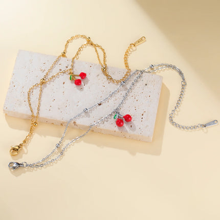 Teamer Enamel Cherry Charm Bracelet For Woman Gold Color Stainless Steel Double Bead Chain Fashion Birthday Friend Jewelry Gift