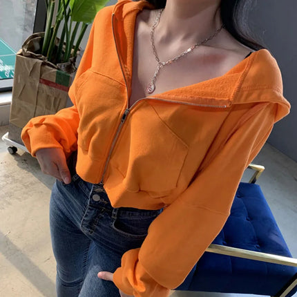 Autumn Winter Short Sweatshirt for Women Solid Hooded Sports Zipper Cropped Jacket Woman Fashion High Waist Loose-Fit Hoodies