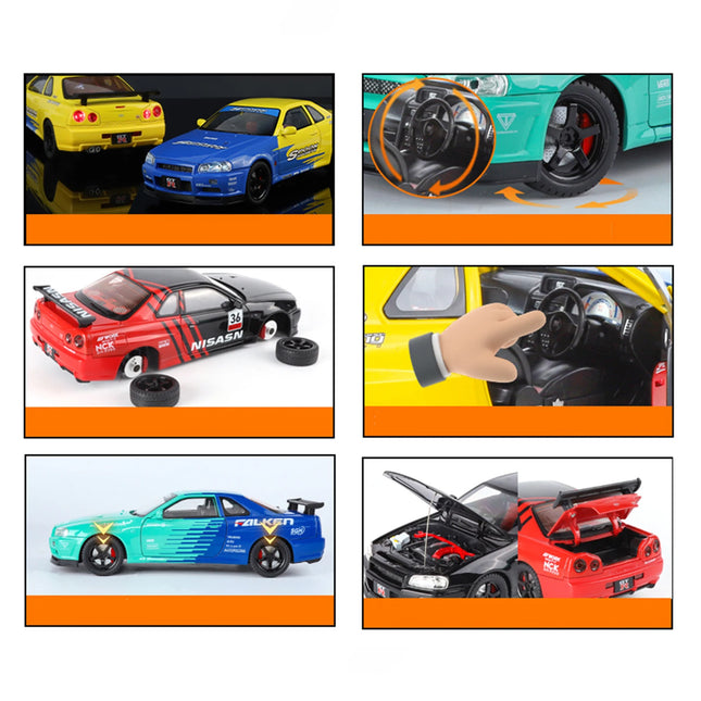 1/18 Skyline GTR R34 Modified Car Alloy Car Model Sound and Light Pull Back Children's Toy Collectibles Birthday gift