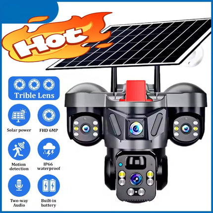 4G Solar Panel PTZ Camera 8MP Triple Lens Outdoor WiFi CCTV With High-speed Memory Card (Optio Home Security Surveillance Camera