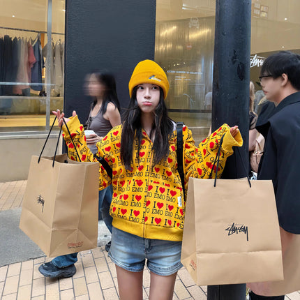 Spring Autumn 2025 Women's Loose Letter Hooded Open Cardigan Zipper Sweatshirt Casual Street Style High Street Outerwear Trendy